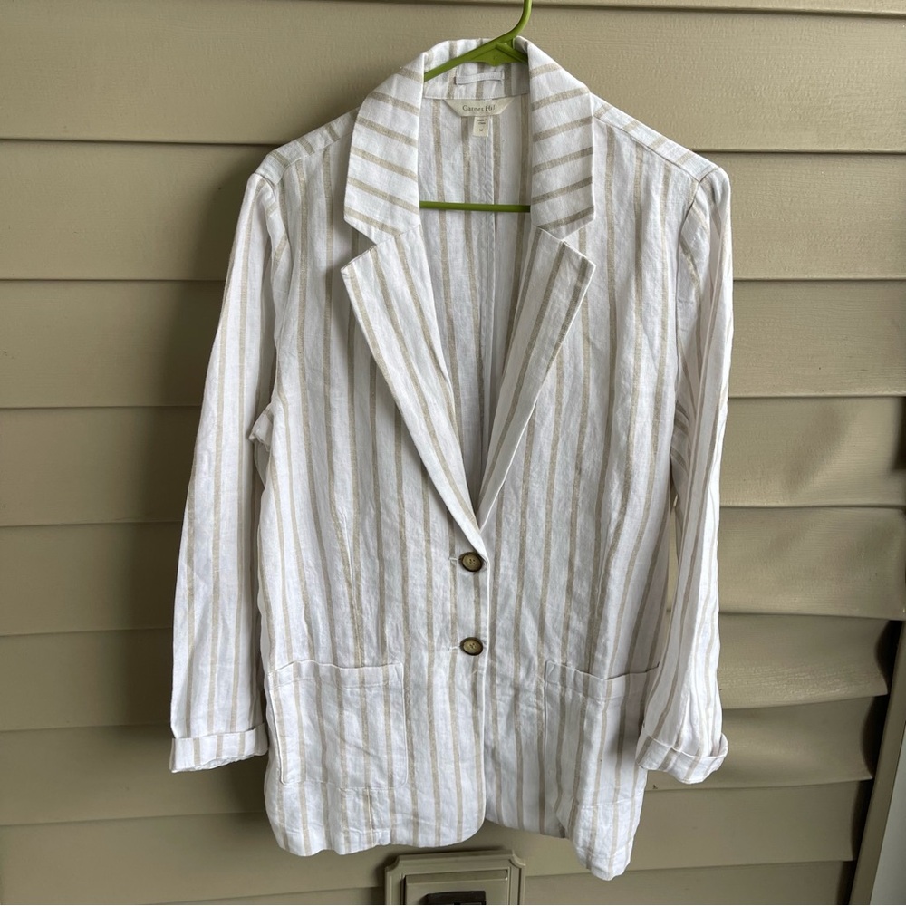 Garnet Hill Striped Linen Blazer‎ Womens Medium Tan White Coastal Lightweight
